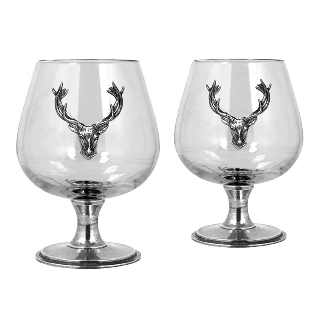 DOUBLE BRANDY SNIFTER GLASS SET WITH PEWTER STAG W. Carter and Son